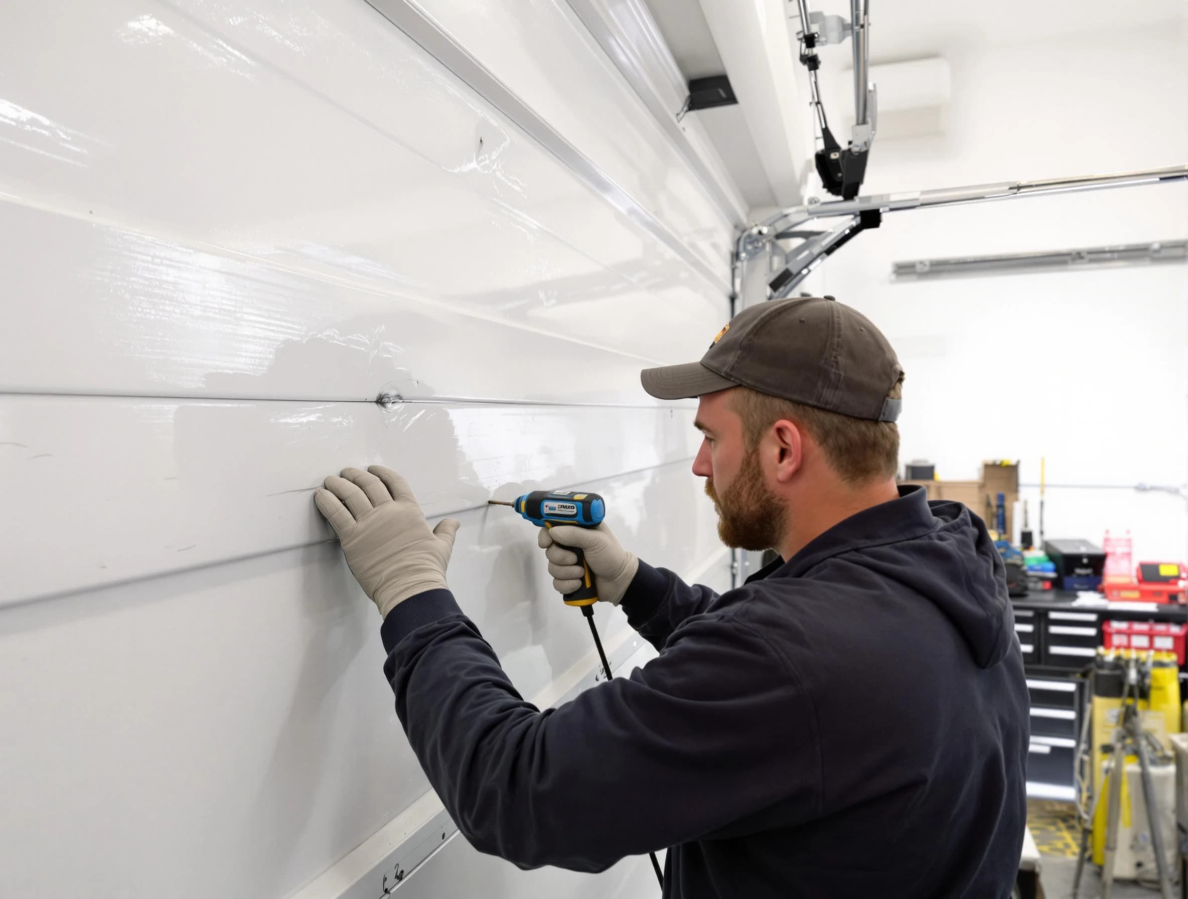 Manchester Garage Door Repair technician demonstrating precision dent removal techniques on a Manchester garage door
